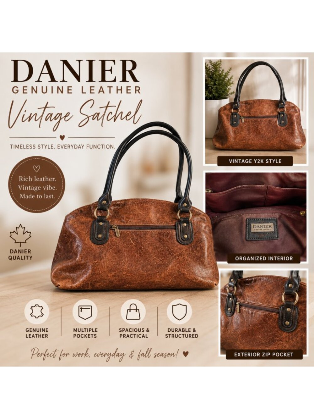 Danier Genuine Leather Brown Satchel Shoulder Bag Vintage Y2K